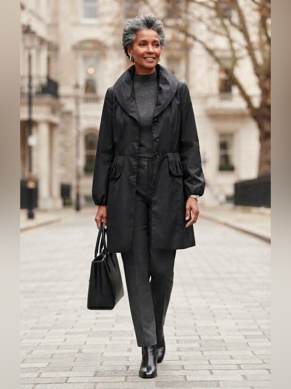 Joseph Ribkoff Black Asymmetrical Shawl Cowl Neck Button Trench Coat Size 8